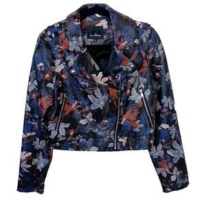 Sam Edelman Floral Black White‎ Red Faux Leather Motto Jacket Size M